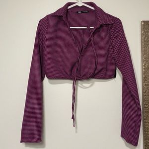ZARA Polo Crop Top Long Sleeve, Size Small